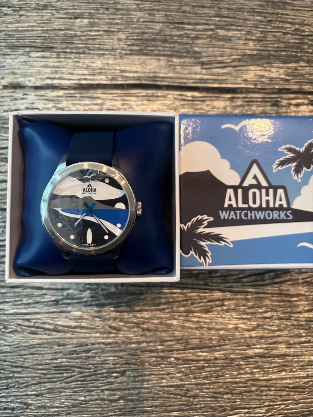 Aloha Watchworks Blue Surf Pattern Quartz Watch brand new in box and running.